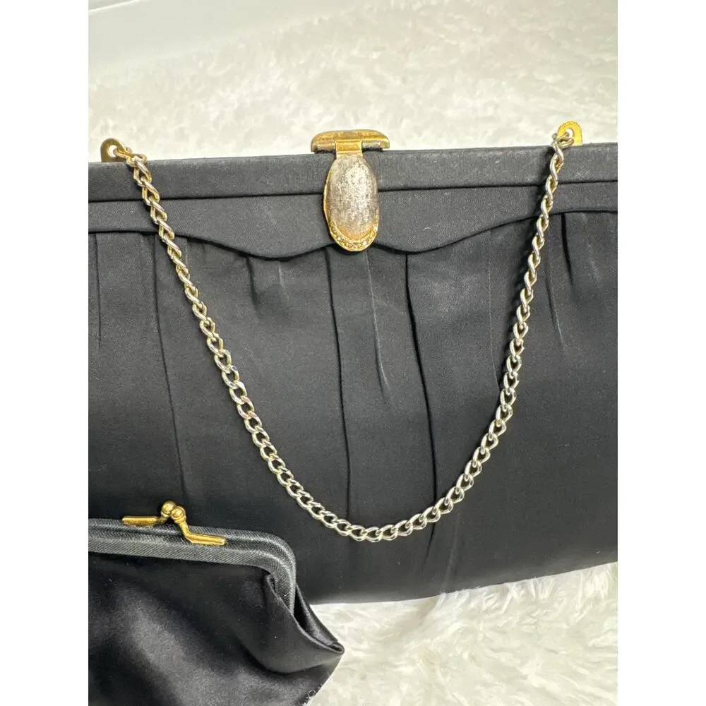 1950s After Five Black Satin Evening Clutch Rhinestone Clasp Coin Purse USA